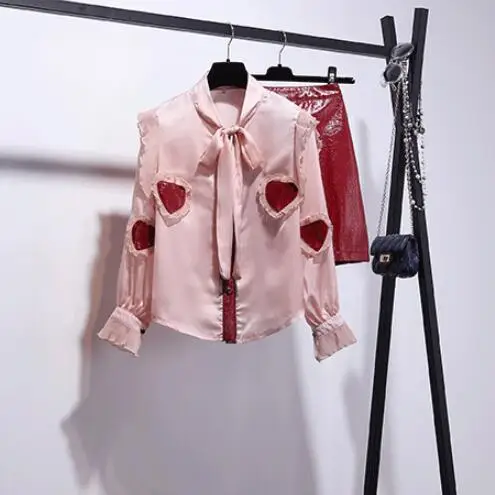 2019 Spring Autumn Women heart-shaped Long Sleeve Bow Shirts + PU Red Skirt 2 pcs sets Female Beautiful Dresses A643 | Женская одежда