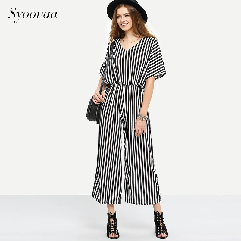 Syoovaa полосатый принт женские комбинезон Винтаж Европейский Стиль Мода Playsuit 2017