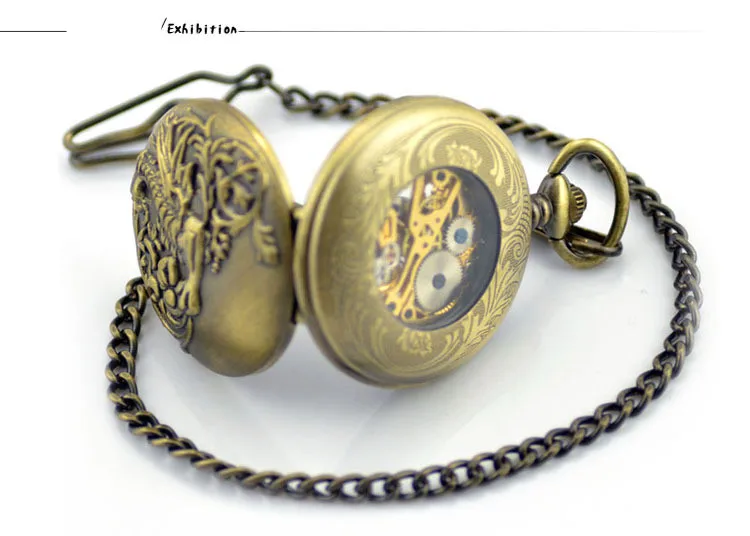 Коричневый Скелет механический ручной Ветер Карманные &amp Fob часы раскладушка