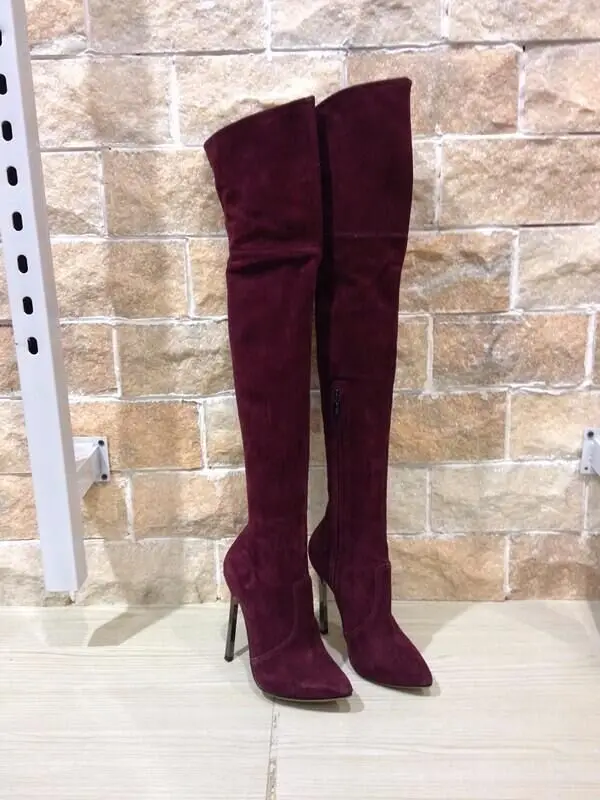 wine red suede Женские пикантные высокие сапоги из черной замши; модельные сапоги с острым носком на тонком металлическом каблуке; обувь для ночного клуба; любимая обувь для сцены для девушек - Цвет: wine red suede