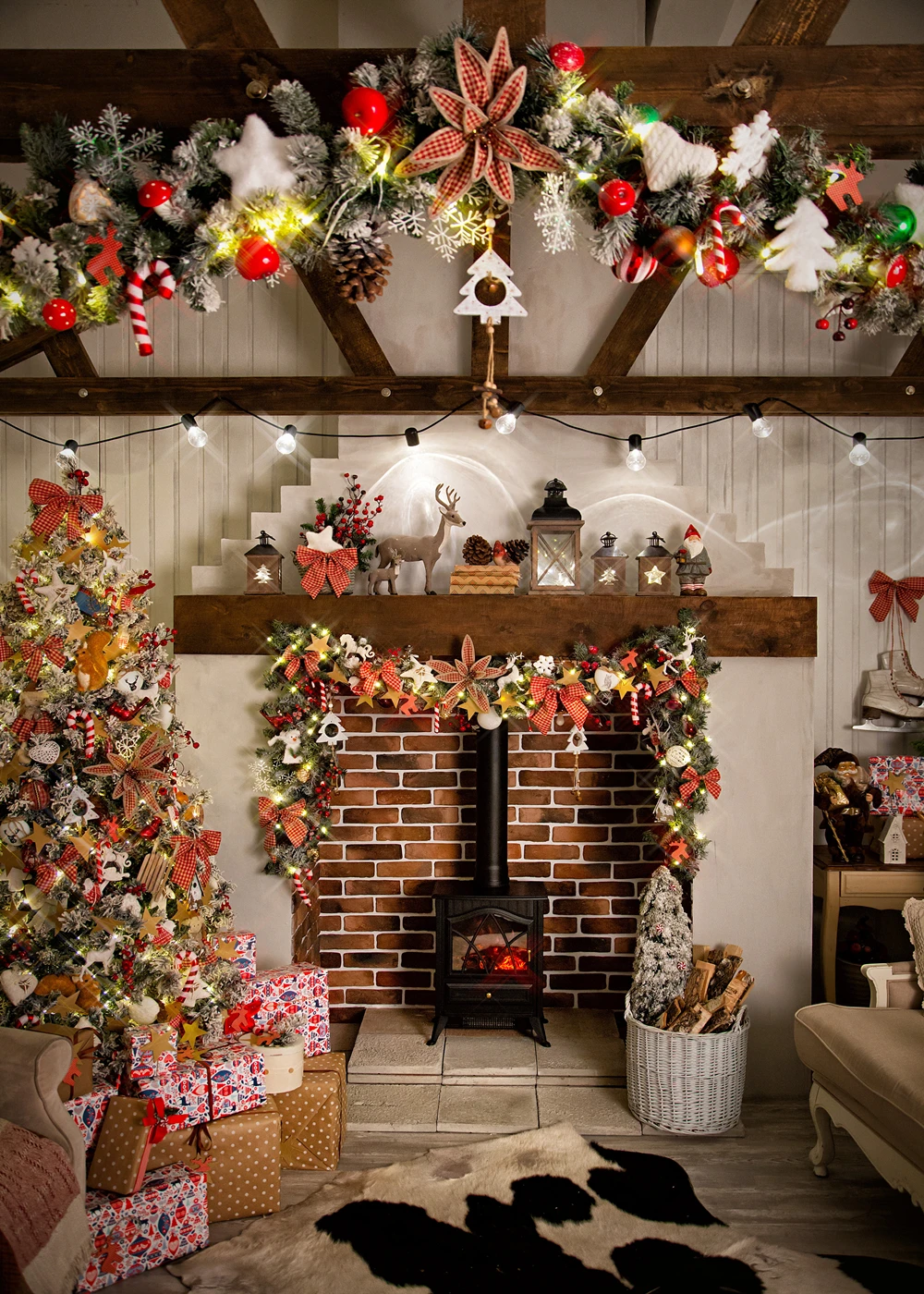 Фон для фотосъемки с изображением рождественской елки цветы камин подарки