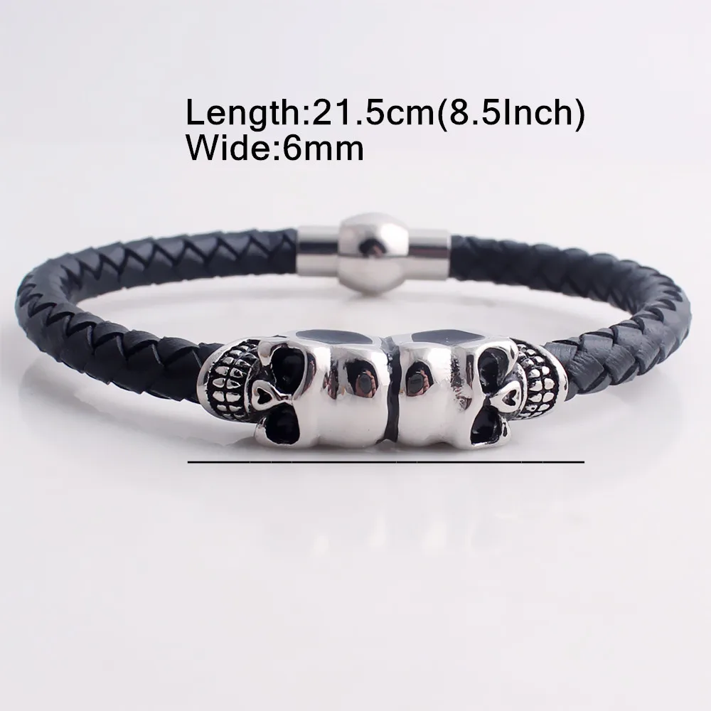 Черный Браслет из натуральной кожи с черепом и скелетом Мужской подарочный