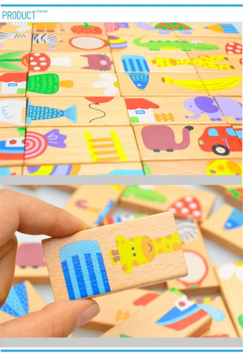 Cute 28pcs/set baby Wooden Dominoes Block Cartoon Animal Colored Jigsaw Tangram children Educational Toys for child domino game