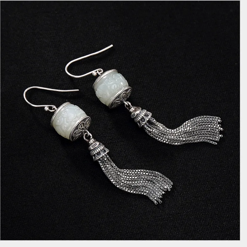 

Uglyless Real S 925 Sterling Silver Natural White Jade Women Fine Earrings Exotic Tassels Brincos Jewelry Buddhism Mantra Bijoux