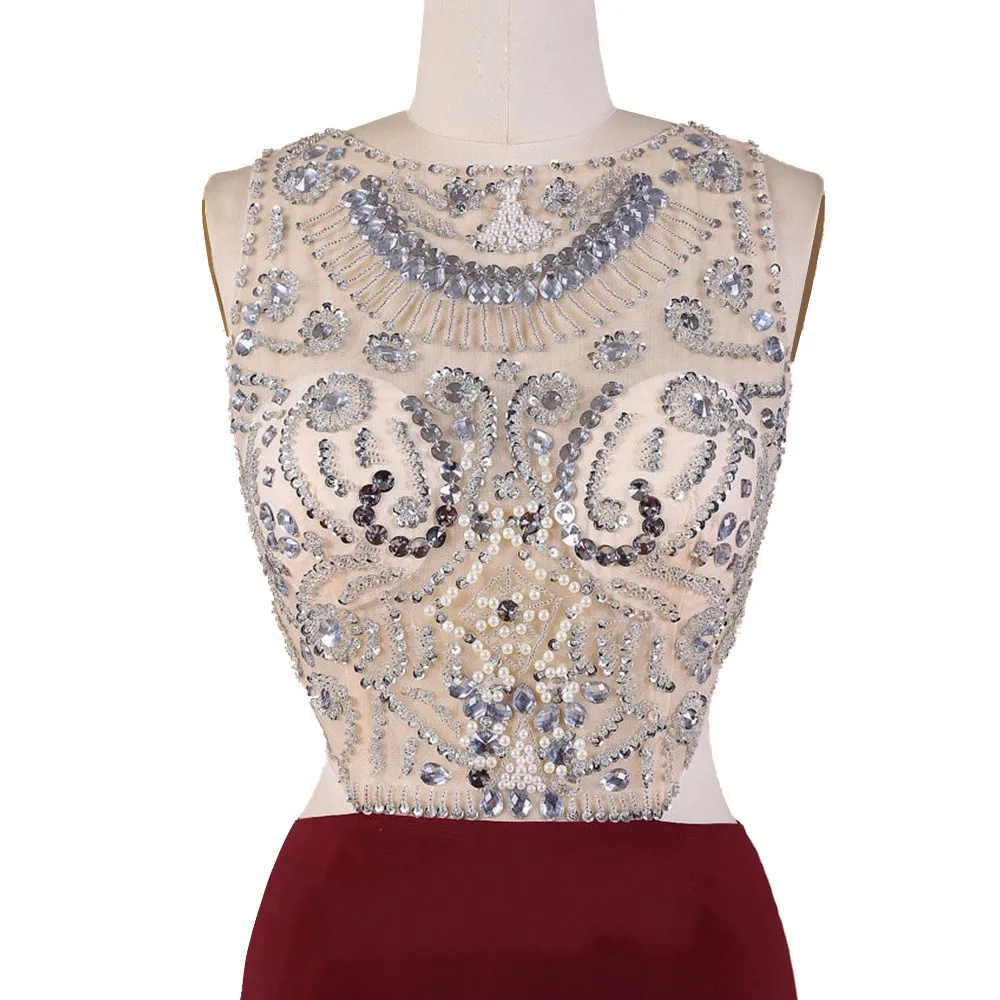

Chiffon Mermaid Prom Dresses 2020 Side Split Beaded Burgundy Evening Dresses Long Formal Party Gowns Sleeveless Backless