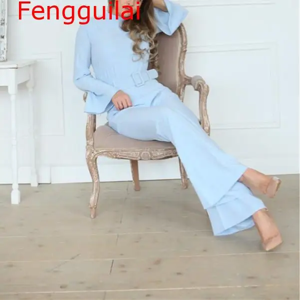 

Women Jumpsuit 2020 Autumn Winter Women Elegant Office Workwear Casual Jumpsuits High Neck Bell Sleeve Wide Leg Romper With Bel