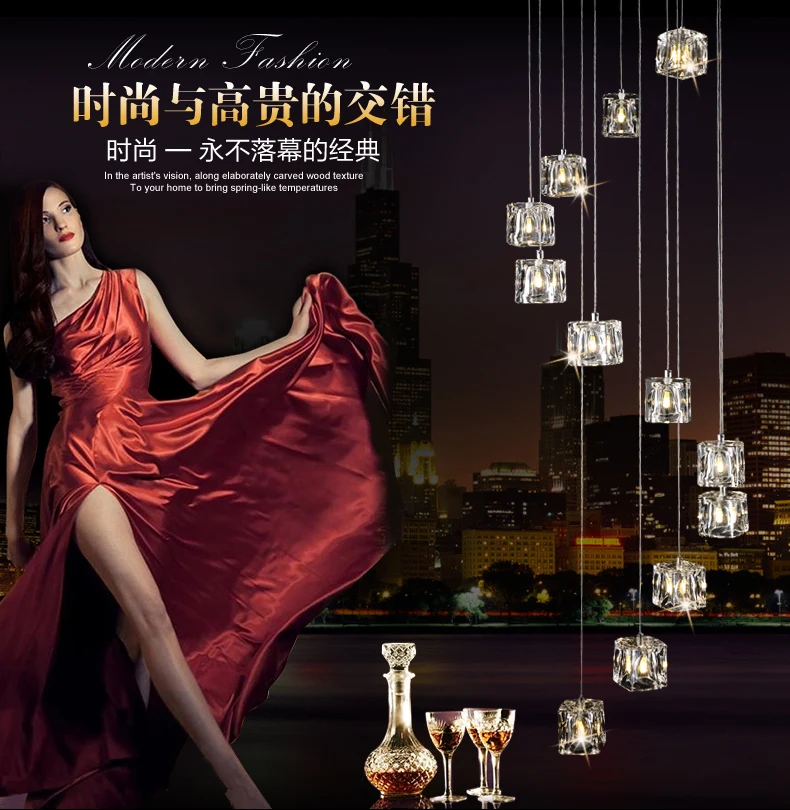 

Modern stair 1-5M Chandelier Lighting fishing hanging Suspension light Cube Lustre crystal G4 Led chandelier fixture spiral lamp