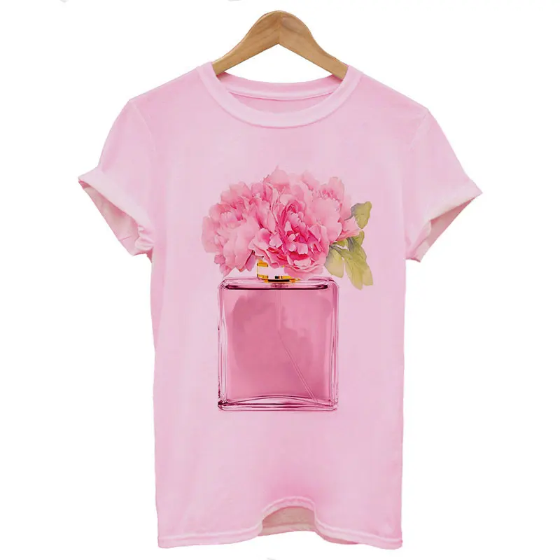 2231-Pink Женская одежда новые летние Harajuku модные духи с цветочным принтом женская футболка женская обувь для отдыха в стиле тонкие печатных футболка Топ - Цвет: 2231-Pink