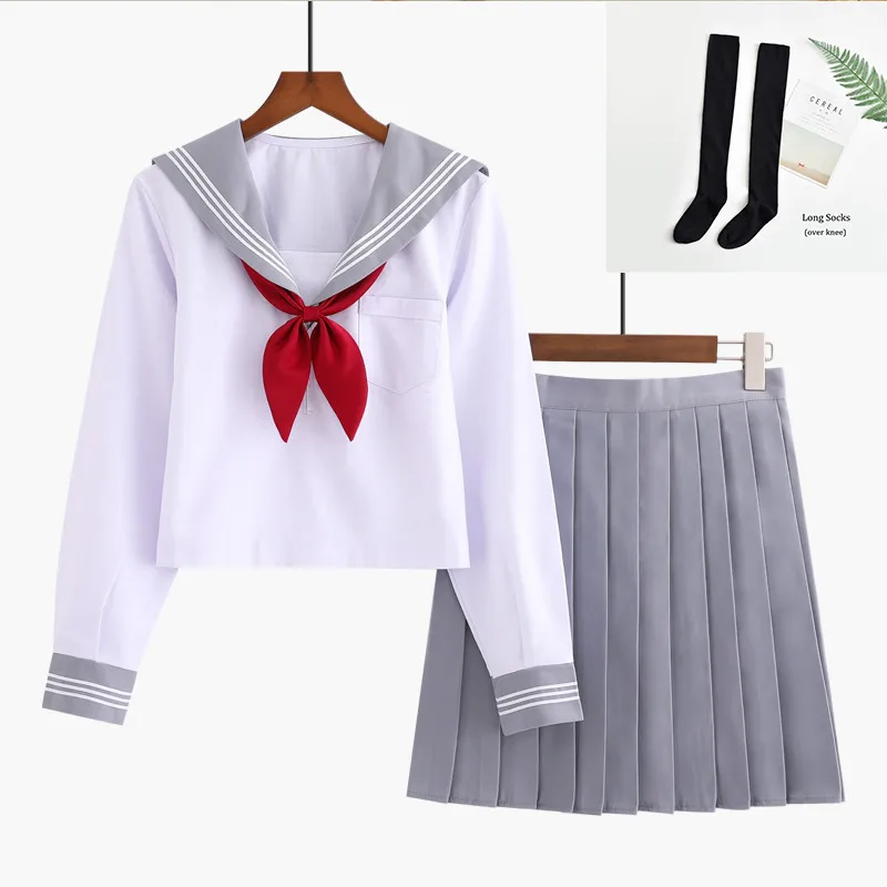 Long Set With Socks UPHYD японское аниме школьная форма серый JK моряк Униформа с длинным рукавом для девочек весна осень хор представление матросские Костюмы - Цвет: Long Set With Socks