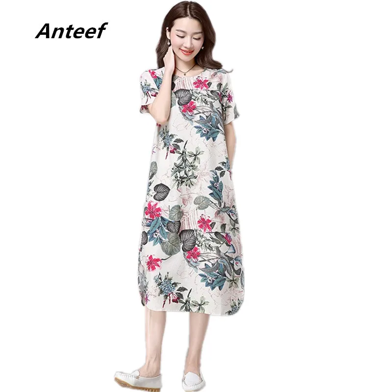 

short sleeve cotton linen vintage floral dresses for women casual loose long summer dress elegant clothes 2021