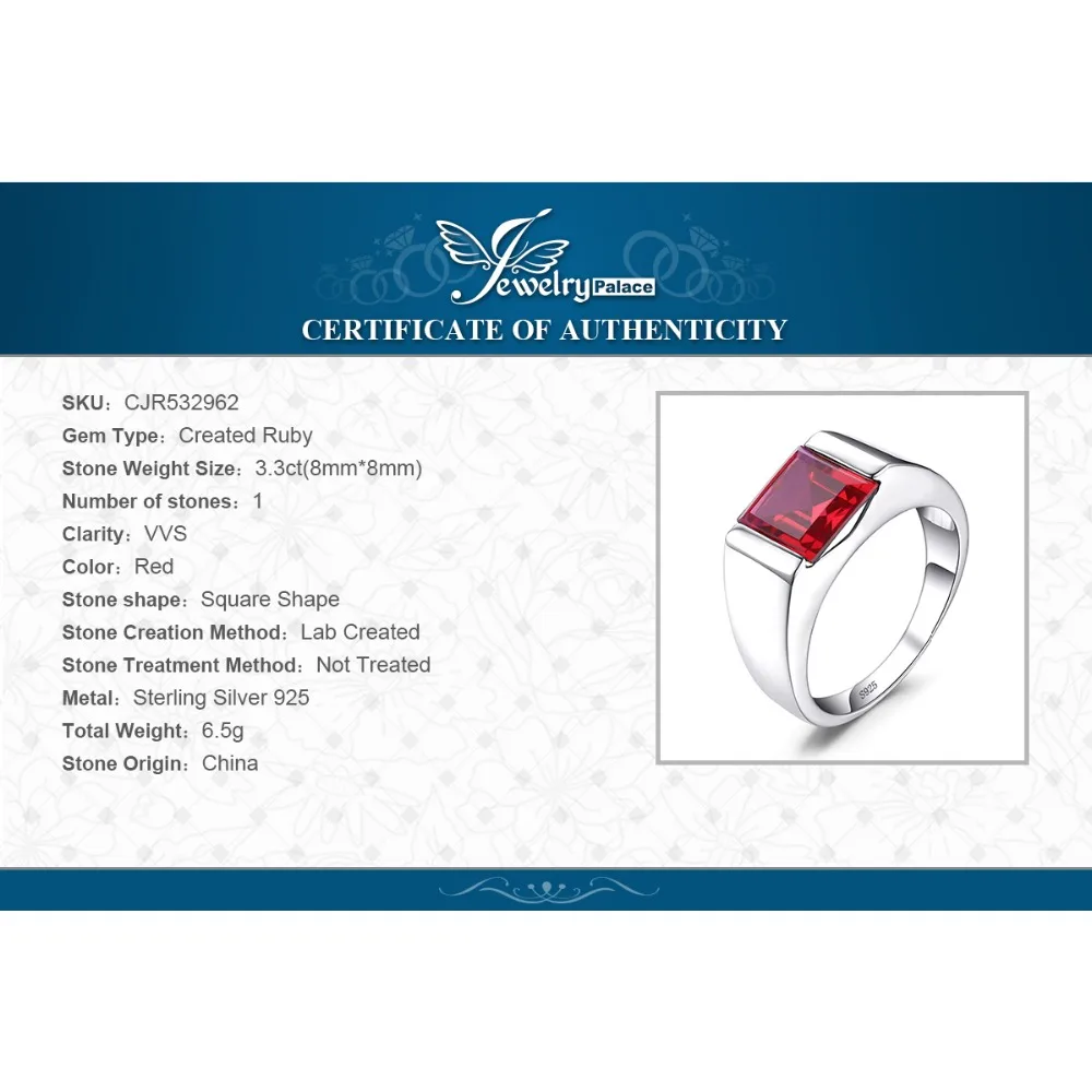JewelryPalace для мужчин площади 3.3ct создан красный рубин Подлинная 925 пробы Щепка