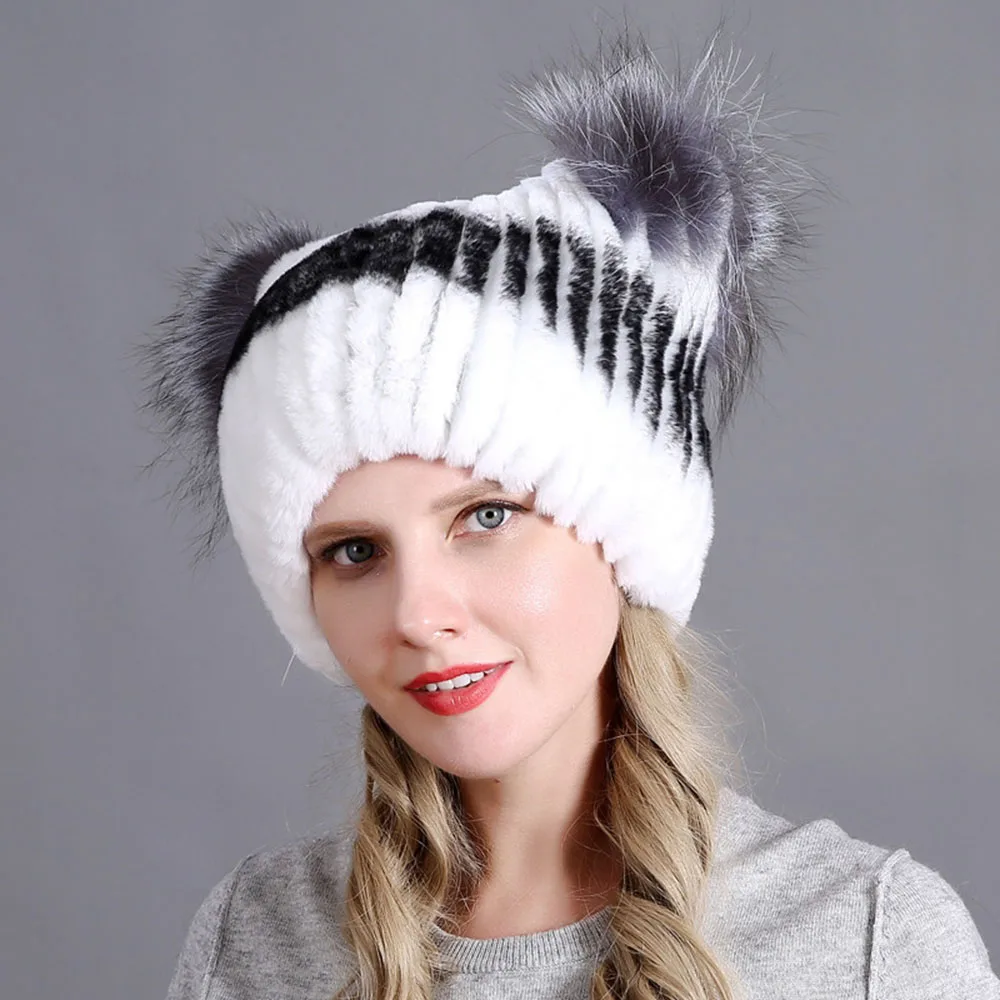 Русская зимняя женская шапка Rex Rabbit бини Лоскутная из лисьего меха модная