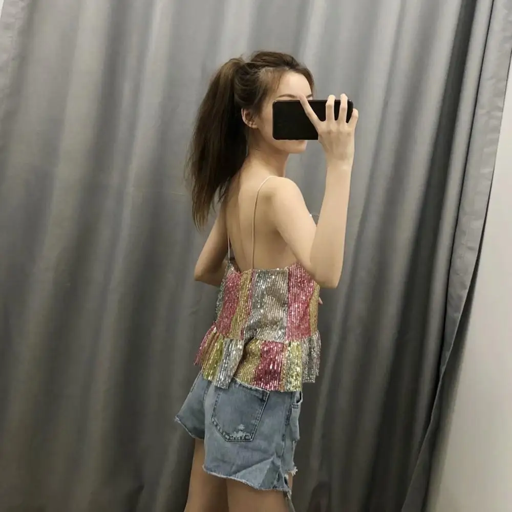 WHITNEY WANG 2019 летняя модная уличная одежда цвета контрастные блестки Camis женская