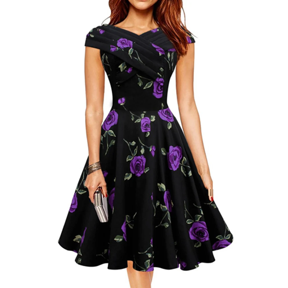 Женщины Элегантный Роуз цветочные Печати 50 s 60 Одри Урожай Ретро Dress Рокабилли