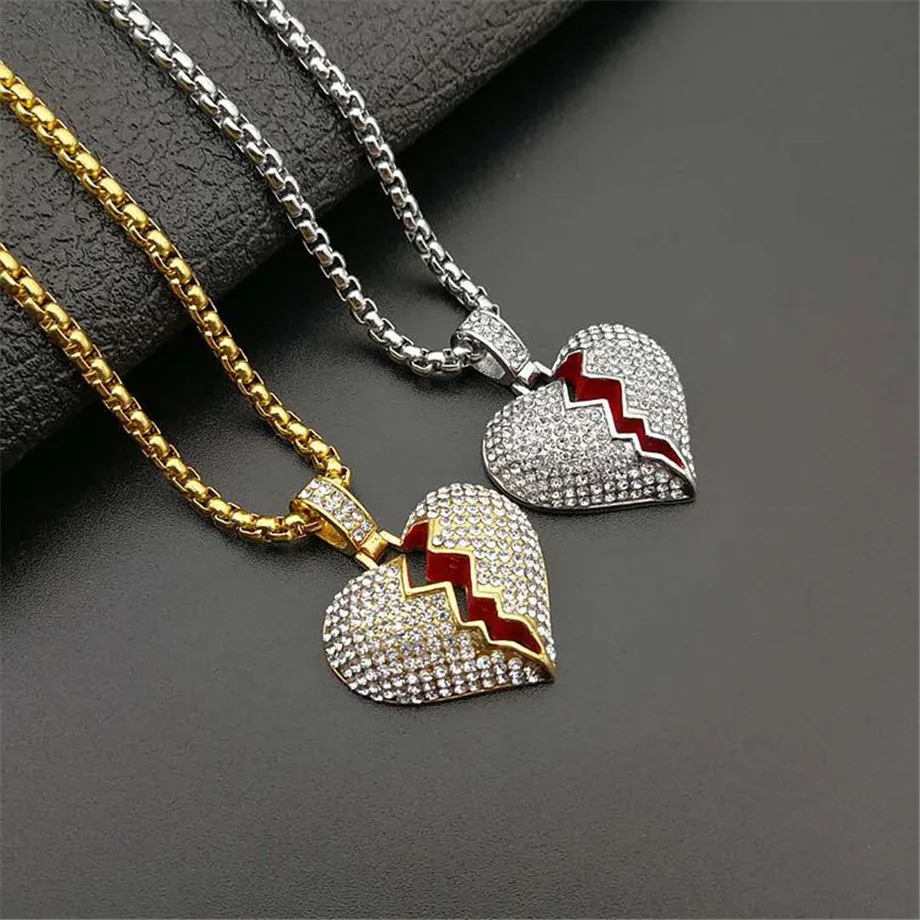 

Dropshipping Broken Heart Iced Out Chain Pendant Necklace Statement Gold Color Cubic Zircon Necklace Hip Hop Men's Jewelry Gift
