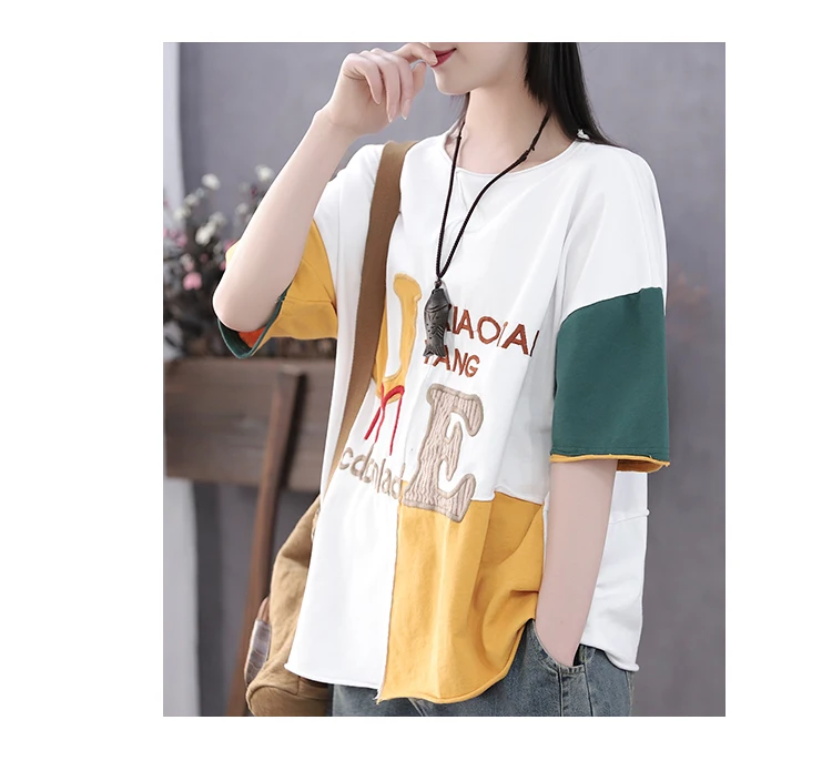 Women Summer Fashion Brand China Style Vintage Patchwork Letter Embroidery Short Sleeve T-shirt Female Casual Loose Tee Tshirts
