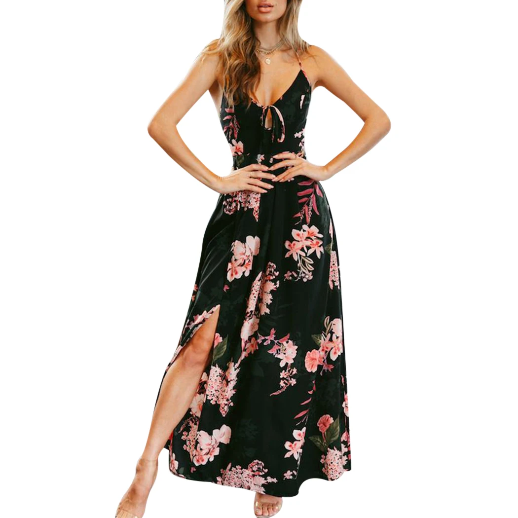 Женское пляжное платье Boho длинное шифоновое с открытой спиной и цветочным