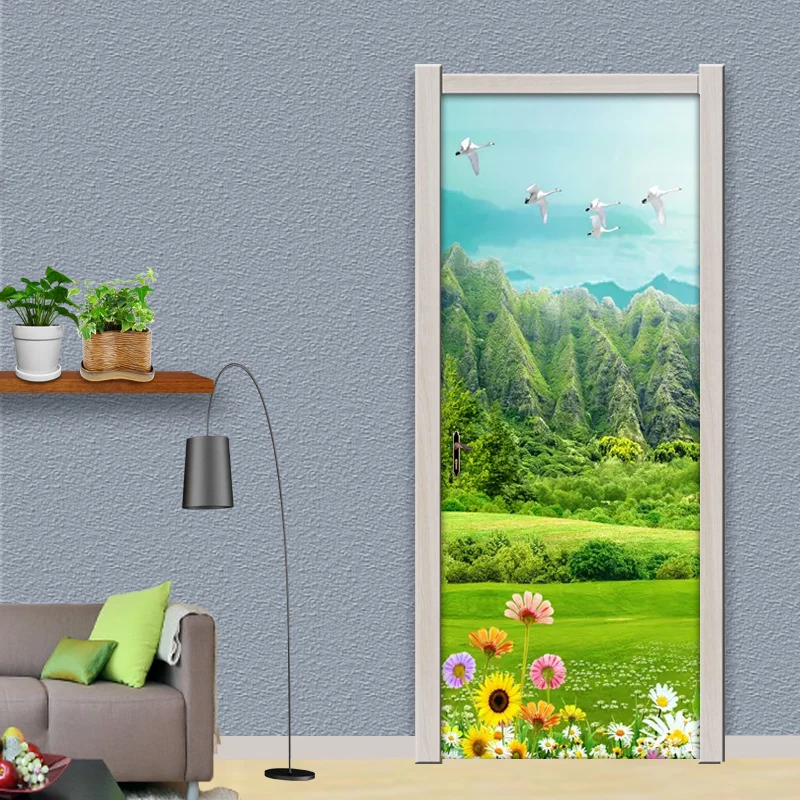 Green Mountain Grassland Floral Flower Door Sticker Wall Mural Wallpaper Decor PVC Waterproof Self-adhesive Poster Stickers | Дом и сад