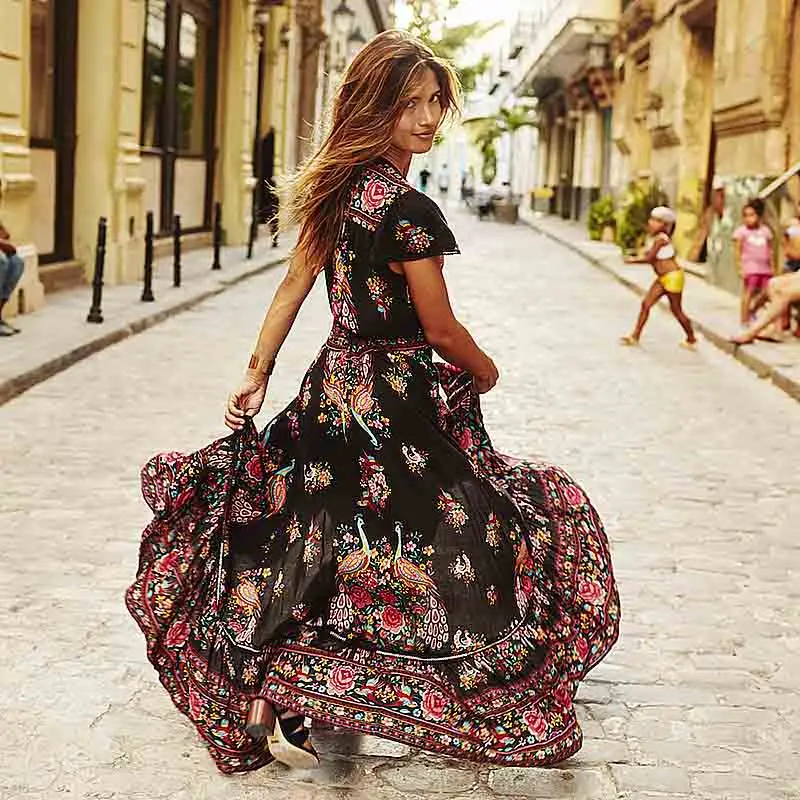 Женское винтажное шифоновое платье-макси с V-образным вырезом | Женская одежда