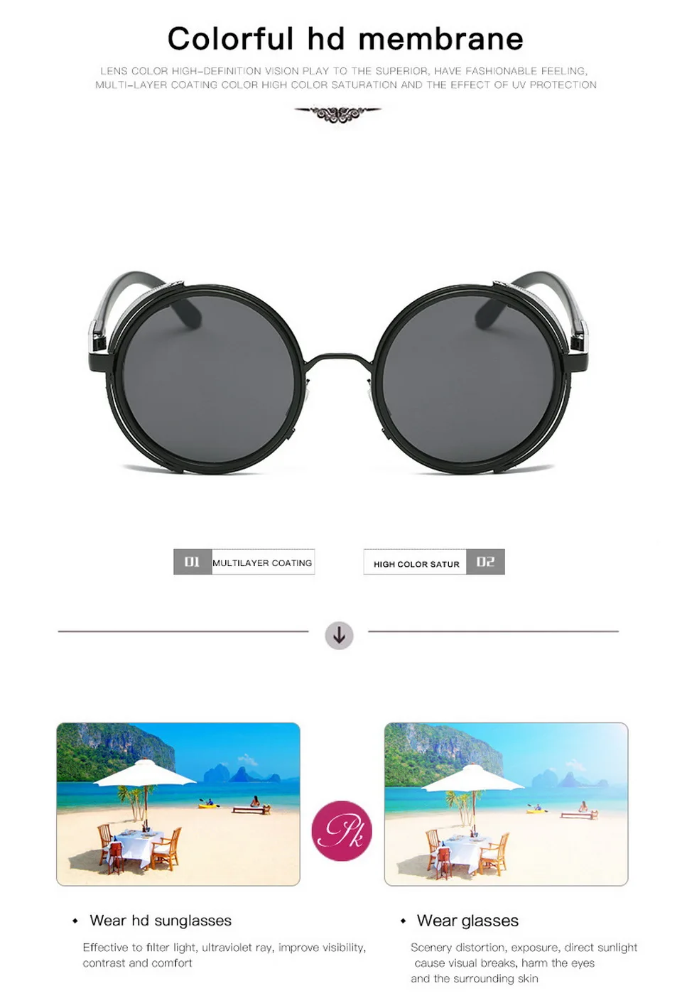 Трендовые стимпанк Солнцезащитные очки Мужские Круглые Солнцезащитные очки Мужские боковые козырьки круглые линзы унисекс Ретро стиль очки панка PL1144