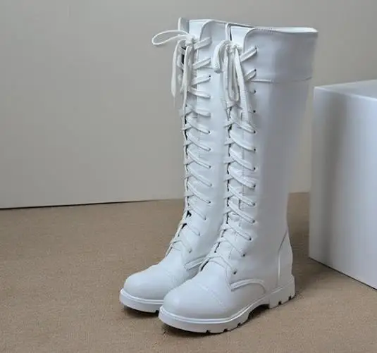 thin shoes Женские сапоги до колена на толстой платформе; модные зимние сапоги для боя на шнуровке; цвет белый, черный; размеры 34-43 - Цвет: thin shoes