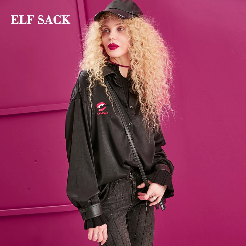 ELFSACK, зимняя новинка, хлопковая рубашка для женщин, отложной воротник, Повседневная блузка, женские рубашки, Полная свободная однотонная женская рубашка, женская блузка