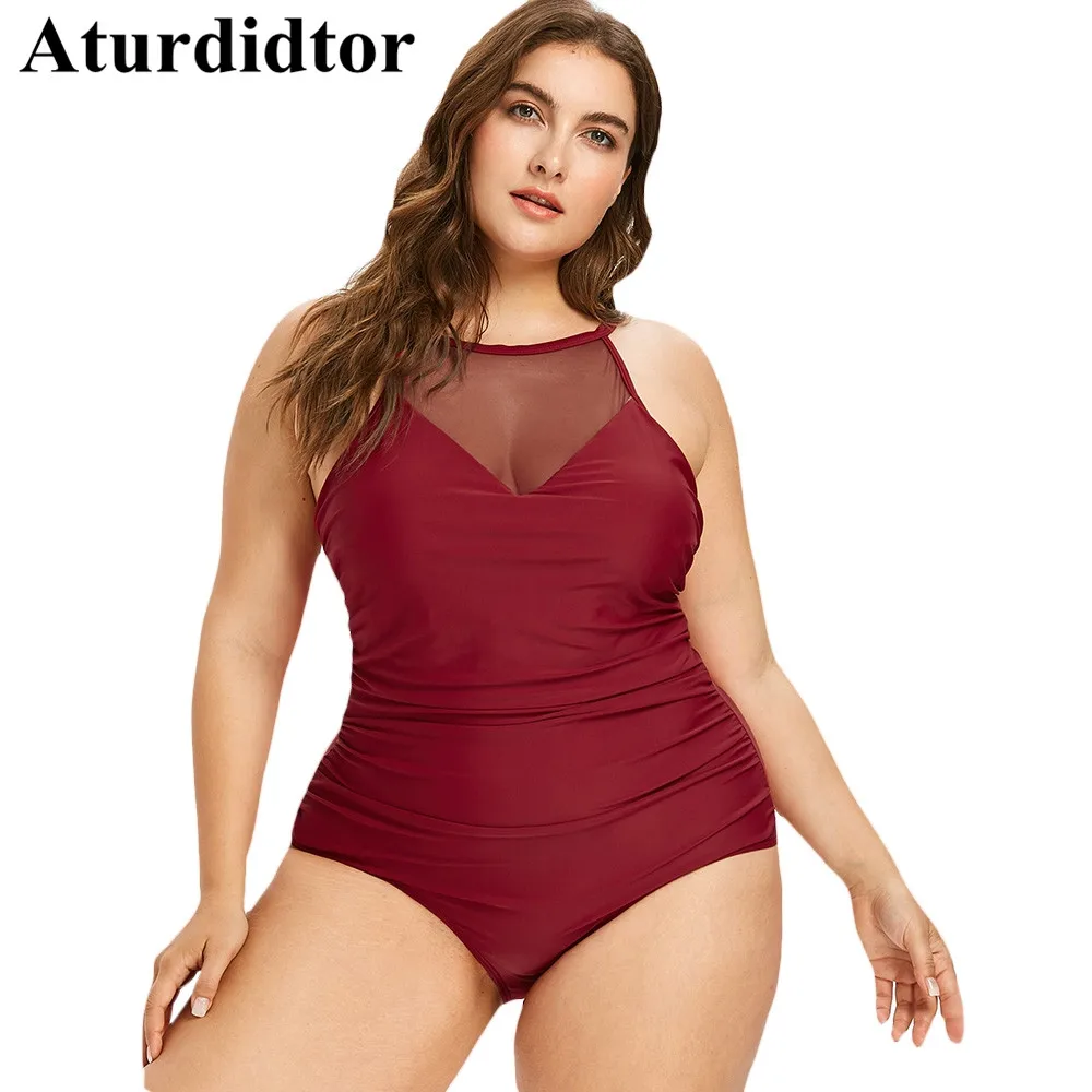 Plus Size Swimsuit One Piece Swimwear Women Tummy Control Bodysuit Sexy Mesh Transparent Patchwork Bathing Suit Black Red 4XL | Спорт и