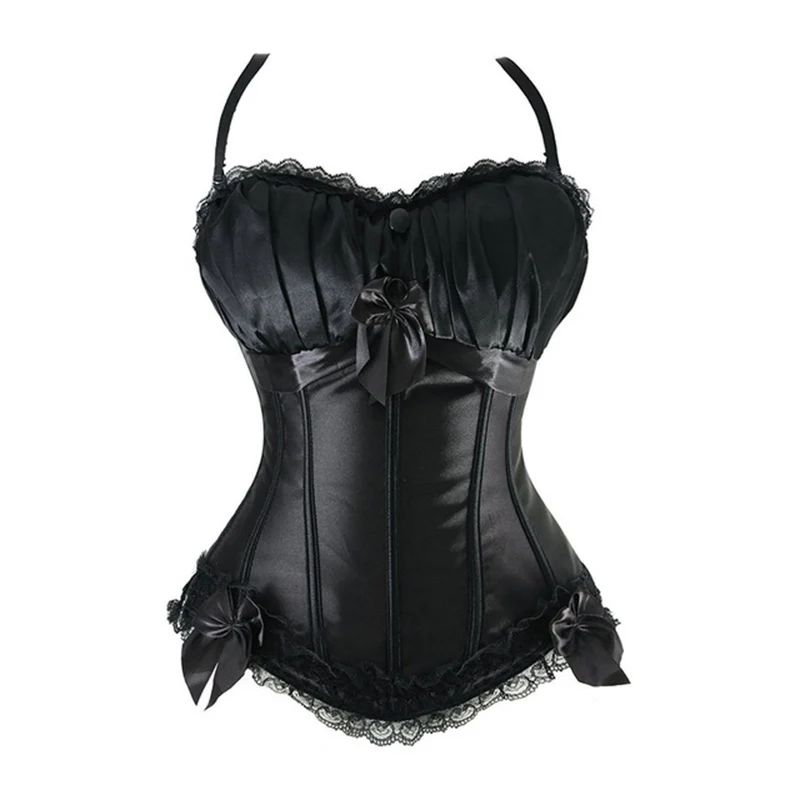 

Hot Black Steampunk Corset Top Satin Dobby Lace Faux Leather Bustier Sexy Corselet Bodyshaper Classic Gothic Clothing Plus Size