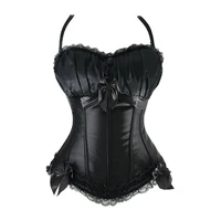 hot black steampunk corset top satin dobby lace faux leather bustier sexy corselet bodyshaper classic gothic clothing plus size