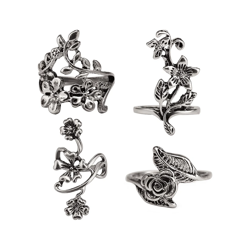 WKOUD Alloy Metal Three-Dimensional Flower Leaf 4 Piece Set Ring Silver color for women Vintage Lady Jewelry | Украшения и