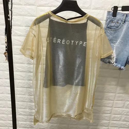 yellow tee Neploe/женские сексуальные марлевые рубашки для девочек, футболка, Прозрачные топы с надписью, Blusas, Корейская женская одежда, комплект из 2 предметов, футболка 39763 - Цвет: yellow tee
