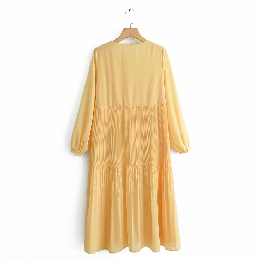 Женское длинное платье Za желтое с длинным рукавом и треугольным вырезом