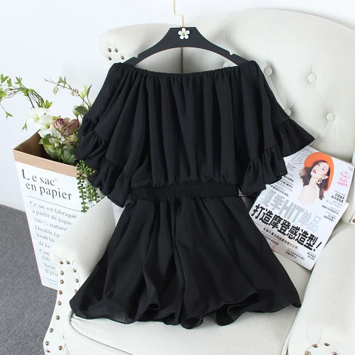 black jumpsuit Woherb, сексуальный комбинезон с открытыми плечами, корейский комбинезон, женские шифоновые Комбинезоны, Свободный комбинезон с расклешенными рукавами и рюшами, черные комбинезоны - Цвет: black jumpsuit