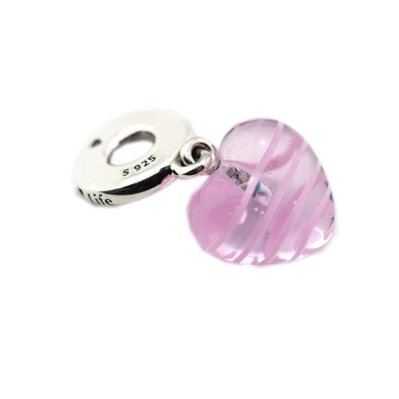 

CKK Silver 925 Jewelry Fits Pandora Bracelets Pink Ribbon Heart Dangle Charm, Murano Glass Item Charms Original Beads