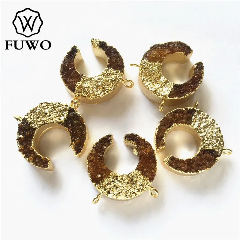 FUWO Натуральный Druzy Кулон с дизайном полумесяц золотой отделкой модные двойные