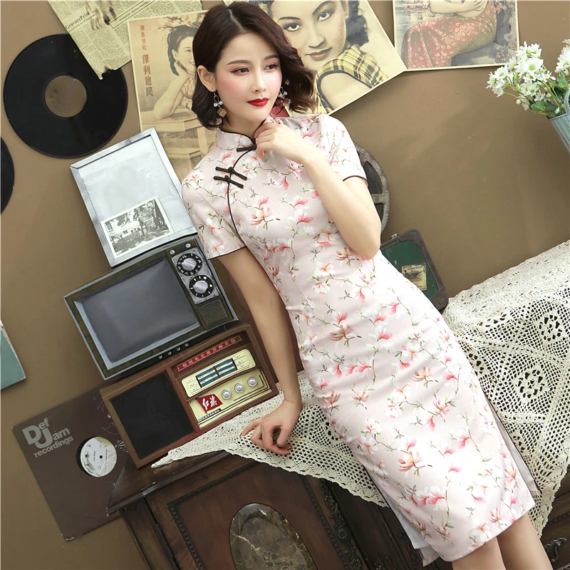 Sheng Coco новые шелковые платья Чонсам розовые двойные китайские Qipao Печатные Средние Длинные древние шелковые Улучшенная одежда розовые цветы