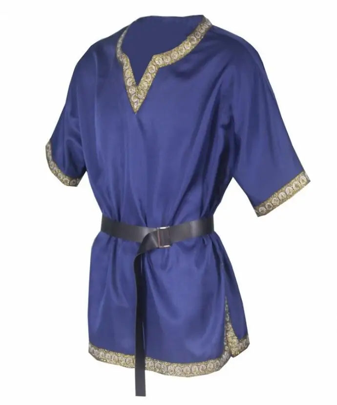 

Adult Men Medieval Knight Warrior Costume Blue Clothing Norman Chevalier Braid Viking Pirate Saxon Top Shirt For Men no Belt