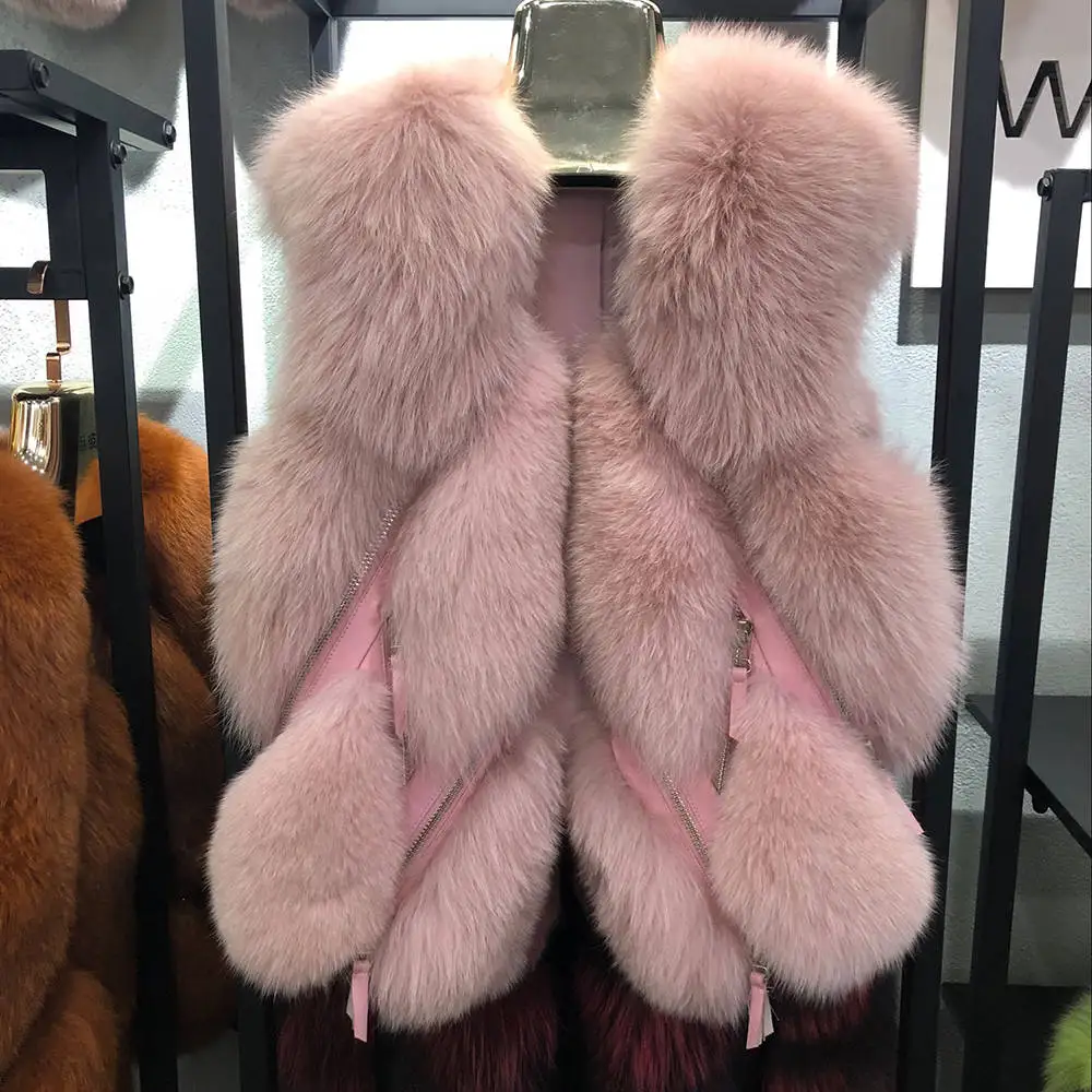 Pink Стиль женский жилет натуральный Лисий мех жилет пушистый толстый теплый мех зимний жилет модный роскошный подлинный натуральных мех S7483 - Цвет: Pink