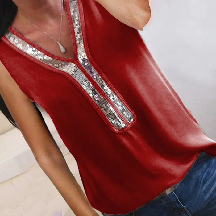 Wine Red Sleeveless Женская шифоновая блуза с v-образным вырезом и пайетками, S-5XL, новинка, летняя Офисная Женская блузка с коротким рукавом, топы размера плюс, женская блуза - Цвет: Wine Red Sleeveless
