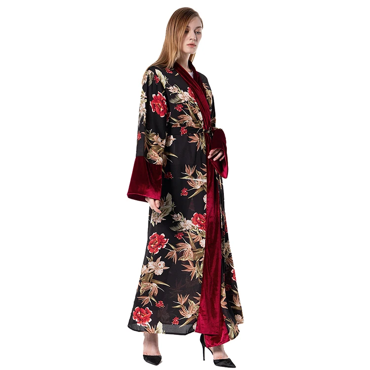 Мусульманское платье Abaya Дубай Женский бархатный красный цветочный кардиган с