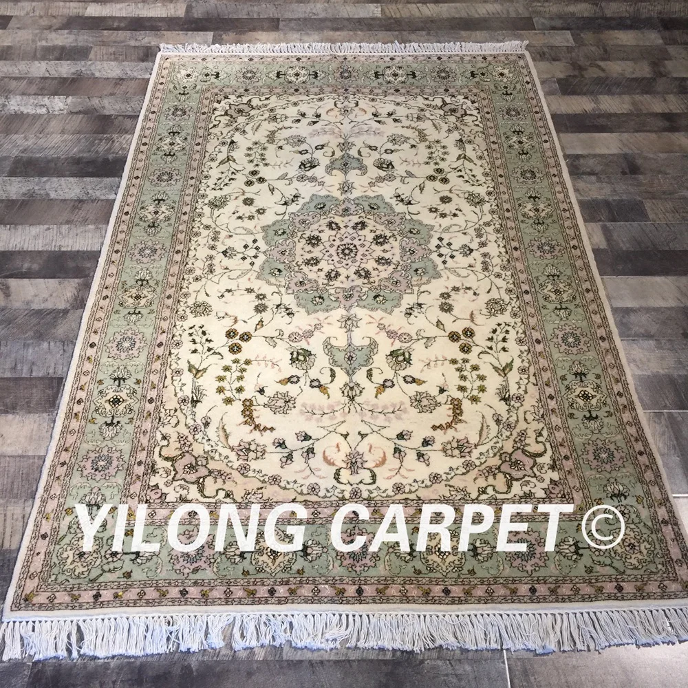 

Yilong 4'x6' handmade green color exquisite home textiles rug modern wool silk carpet (WY2066S4x6)
