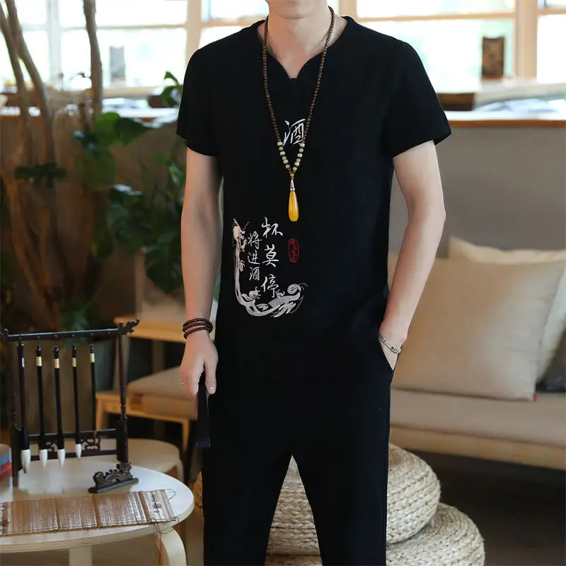 Летний Тонкий костюм из чистого хлопка с вышивкой в китайском стиле Мужская