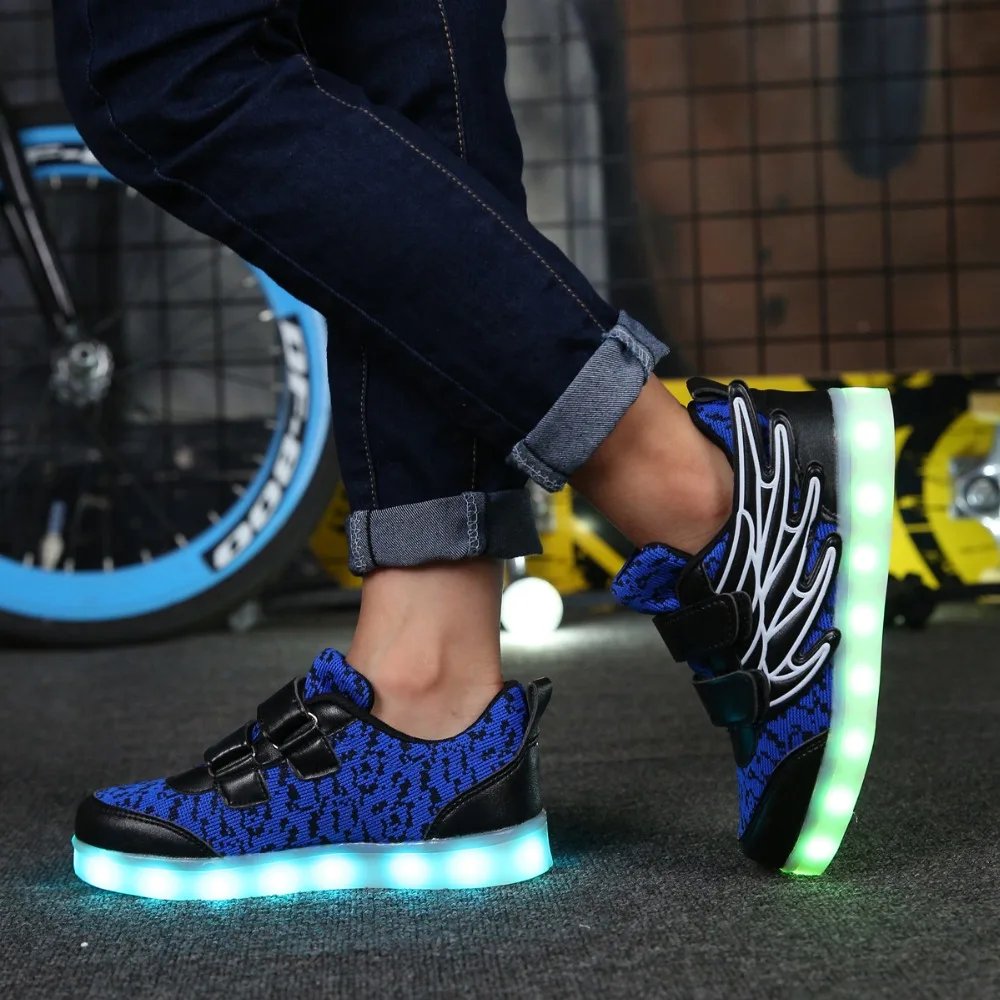 2018 Fashion New USB Charging Led Children Shoes With Light Up Kids Boys&ampGirls Luminous Sneakers Glowing Wing Blue Black | Детская