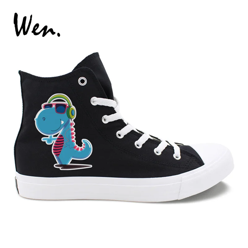 

Wen Original High Top Shoes Design Cartoon Dinosaur Earphone Listen to Music Black Boys Canvas Shoes Girls White Sneakers Gift