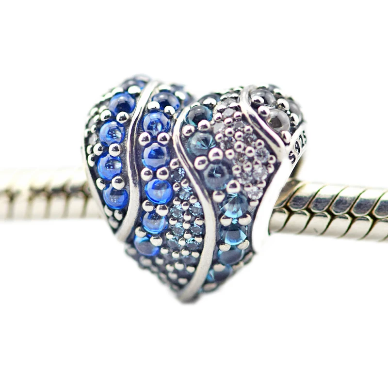 

Fits for Pandora Charms Bracelets Aqua Heart Beads with London Blue & Clear CZ 100% 925 Sterling Silver Jewelry Free Shipping