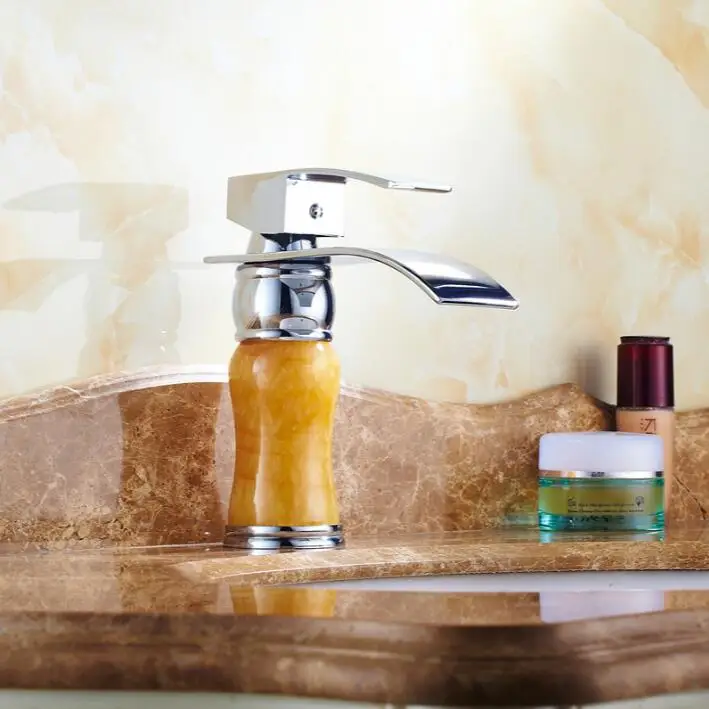 

New Arrival Deck mounted brass and Jade waterfall faucet Bathroom Basin faucet Chrome Sink Faucet Bath tap Basin Sink Faucet