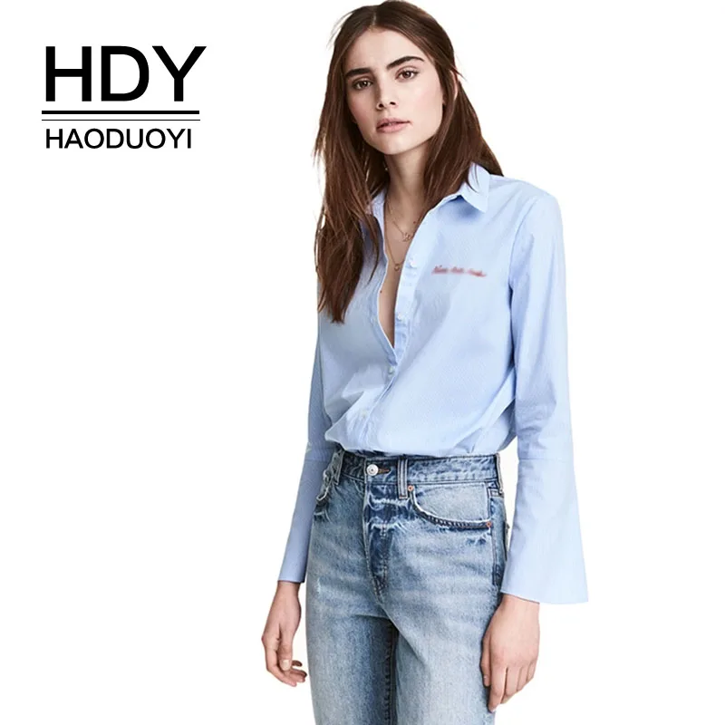 Рубашка HDY Haoduoyi Женская с буквенным принтом в полоску рукавами фонариками на