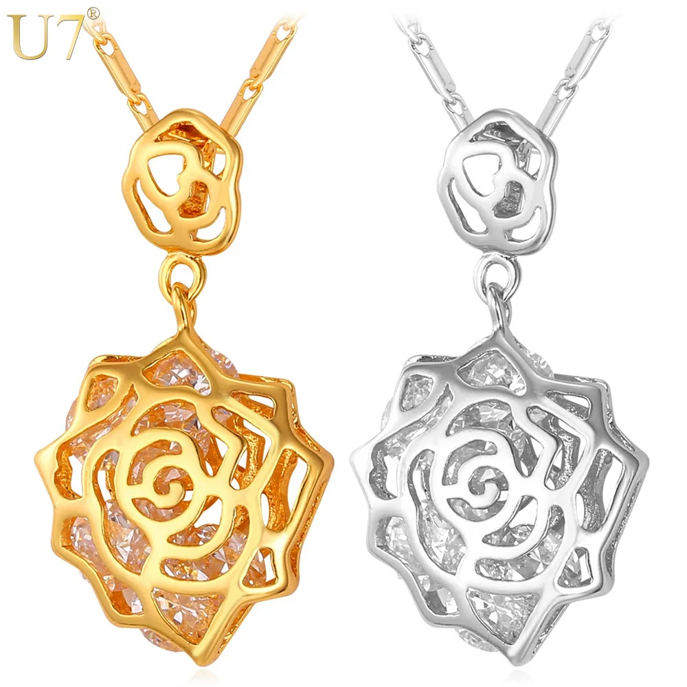 U7 Женский Роза Цветок Подвеска С Камнями Ювелирные Изделия Золотой/Серебряный