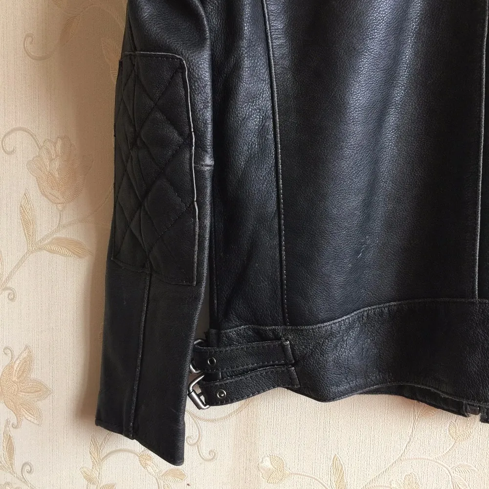 Винтажная Черная Мужская Байкерская кожаная куртка размера плюс XXXL из натуральной воловьей кожи Зимняя облегающая кожаная мотоциклетная куртка