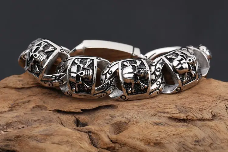 26mm Heavy Punk Rock Cool Gothic Men's Biker Jewelry Skull Skeleton Link Bracelet Vintage 316L Stainless steel Bangle | Украшения и